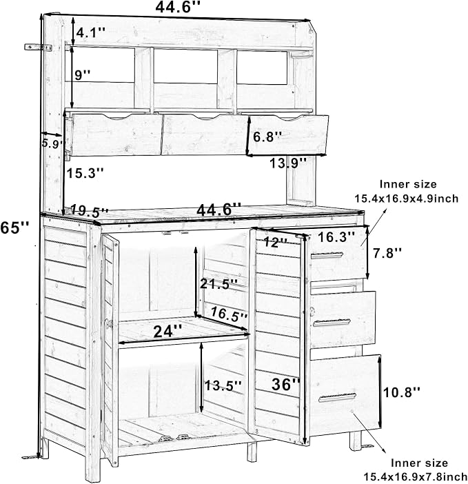 Merax Farmhouse Potting Bench with 6 Drawers, 44.6” Large Garden Workstation, Outdoor Kitchen Island with Bottom Cabinet & Hooks, Freestanding Patio Furniture,Natural Wood
