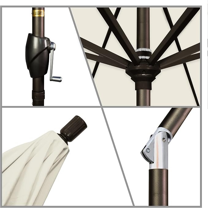 California Umbrella 9' Round Aluminum Market Umbrella, Crank Lift, Push Button Tilt, Bronze Pole