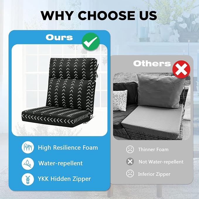 Outdoor Patio Chair Cushions 44x21x3.5 inch, Set of 2 Thicken Comfy Cushions for Rocker Non Slip Fade Shield Water Repellent High Back with Ties, Noir Trace