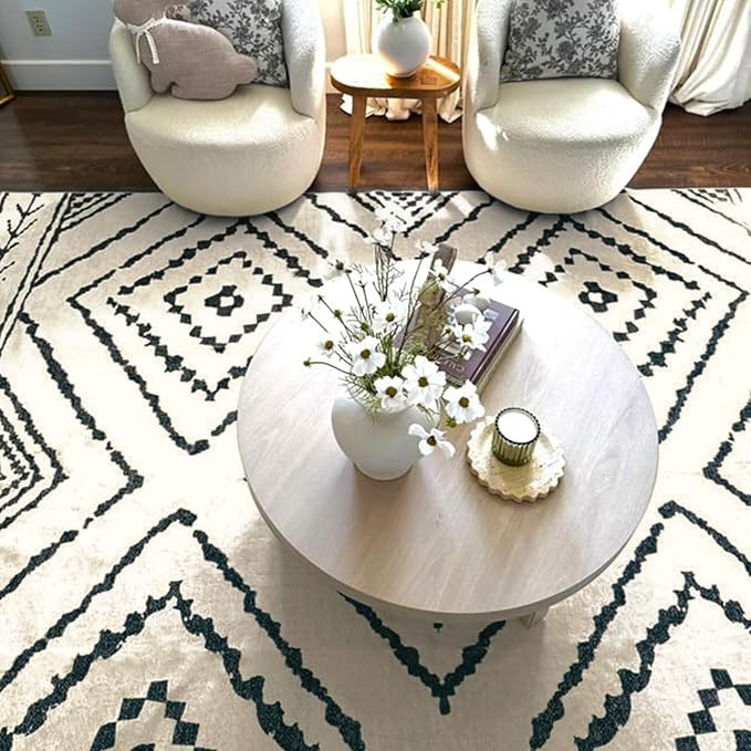 8'x10' Washable Area Rug for Living Room Bedroom White Black | Soft Western No Slip Low Pile Print Foldable Indoor for Kitchen Dining Room