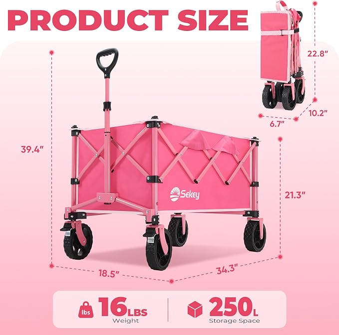 Sekey Collapsible Foldable Wagon with 300lbs Weight Capacity, Heavy Duty Folding Wagon Cart with Big All-Terrain Wheels.Pink