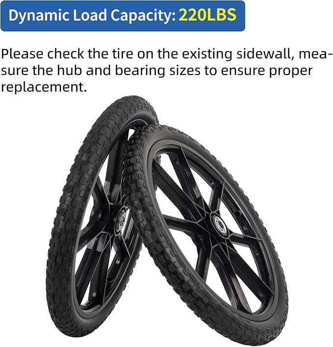 GICOOL 20" Flat Free Tire and Wheel, with 3/4" & 5/8" Bearing, 2.45" Centered Hub, Replacement Wheel For Rubbermaid Wheelbarrow, Garden Yard Cart, 2 Pcs