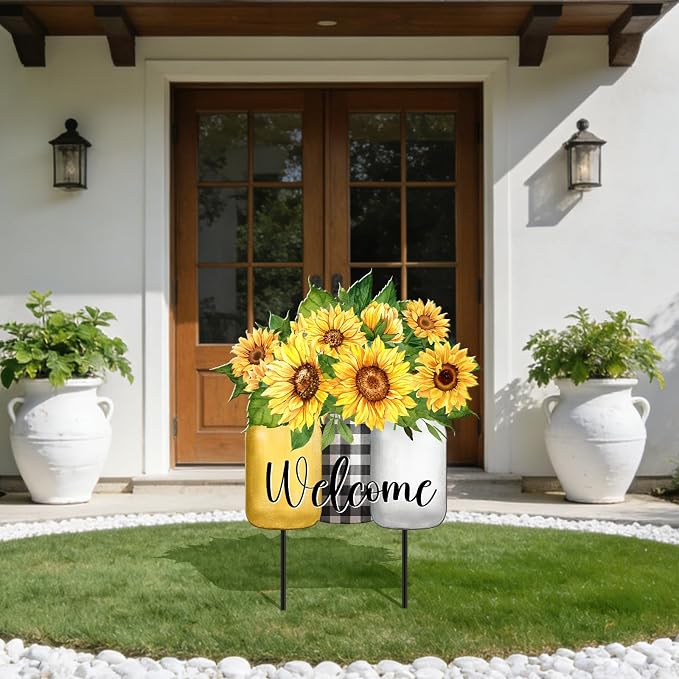 MorningRo Sunflower Outdoor Decor 26" Metal Summer Welcome Yard Sign Outdoor Garden Yard Stakes for Outside Garden Lawn Patio Backyard Porch Decorations
