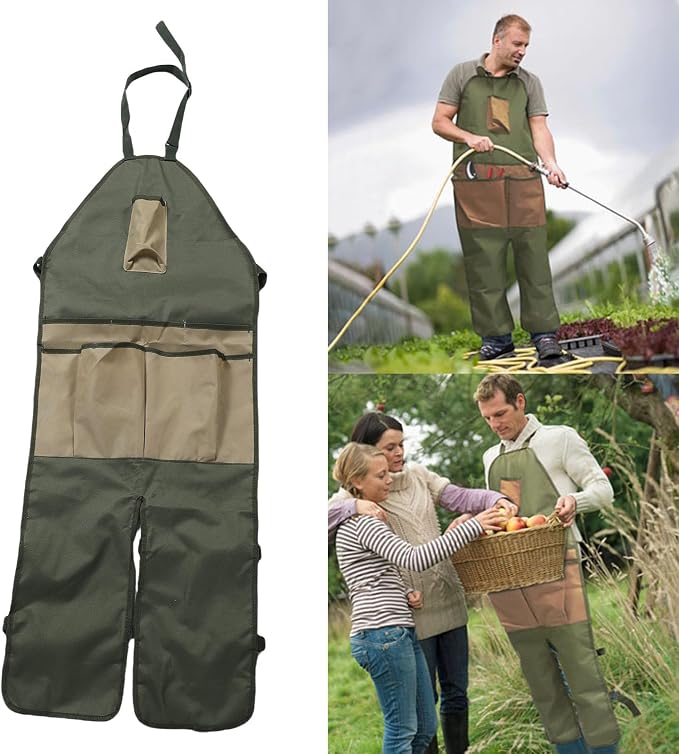 Apron for Long Gardening, Gardening Apron with Adjustable Leg Protector, Six Pockets 600D Oxford Cloth Water Proof for Garden Outdoor Work, Lawn Care, Pruning (Green with Khaki Pockets)