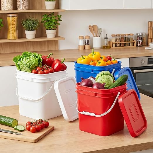 Mumufy 3 Pcs 3.5 Gallon Square Food Grade Bucket with Lid Square Bucket Pail Plastic Handles for Long Term Food Storage, Camping, Fishing, Home Organization Easy Stack and Store (White,Red,Blue)