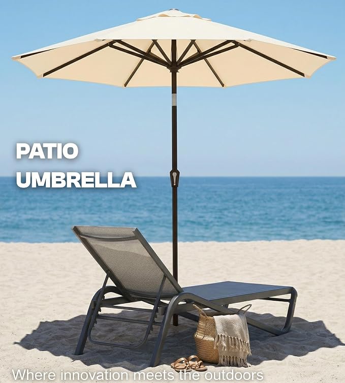 PatioKingdom Auto-Tilt 9FT Patio Umbrella Outdoor with 8 Sturdy Fiberglass Ribs,Market Table Umbrella for Pool,Backyard,Deck and Garden