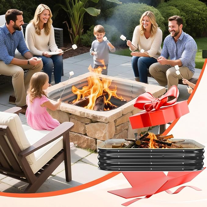 48 Inch Heavy Duty Square Fire Pit Ring for Outside, 11" Deep Galvanized Steel Fire Pit Insert for Backyard Bonfires, DIY Outdoor Wood Burning Firepit for Patio, Camping & Outdoor Fireplace
