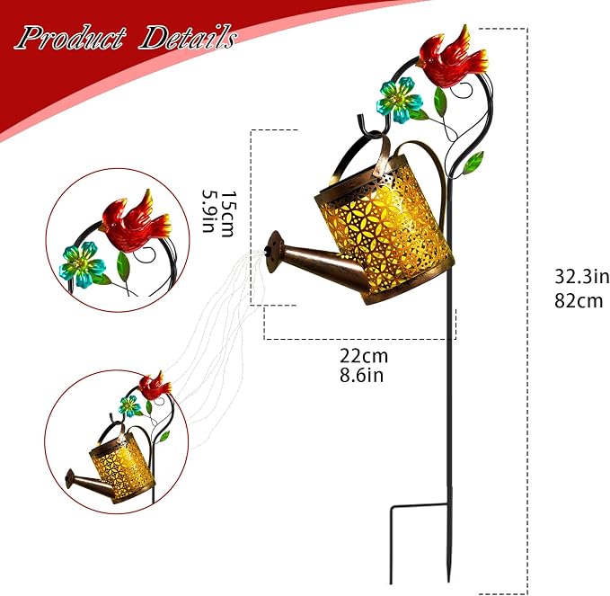 Solar Lights Outdoor, Watering Can with Cascading Lights, Watering Can with Hook Solar Lantern, Gardening Decor for Yard Patio, Gardening Gifts for Mom Grandma Women (2 Pack)
