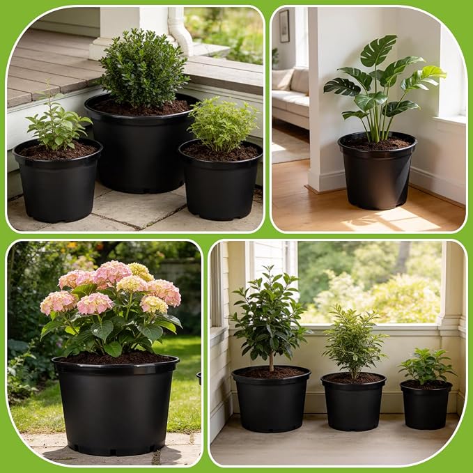 RooTrimmer 7 5 3 Gallon Nursery Pots 9 Pack Set, Plastic Planter with Drainage Holes – Round, Sturdy, Deep Design for Indoor/Outdoor Plants