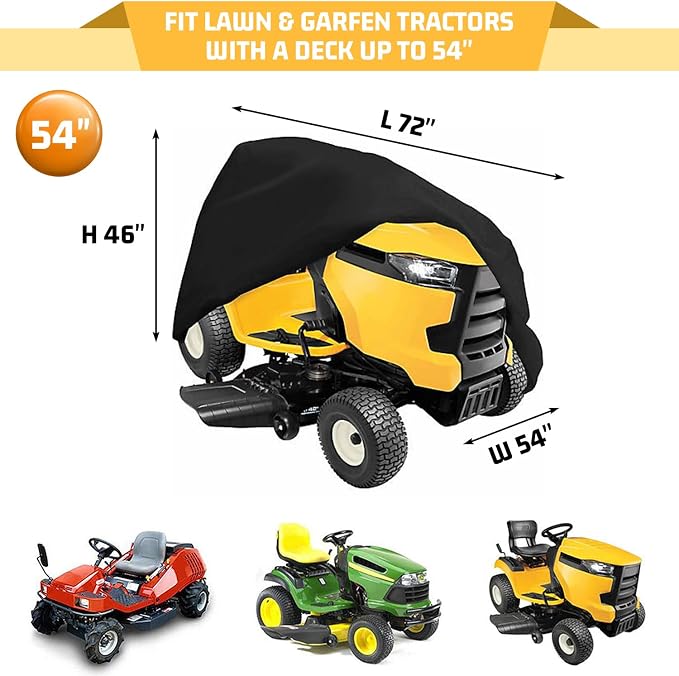 Custom Riding Lawn Mower Cover, Customized Heavy Duty Waterproof Polyester 600D Oxford Tractor Cover UV & Dust & Water Resistant, Universal Fit Decks up to 54" with Elastic Cord & Storage Bag