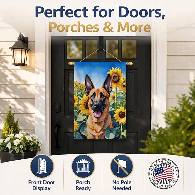 Caroline's Treasures DAC6022CHF Belgian Malinois in Sunflowers House Flag Large Porch Sleeve Pole Decorative Outside Yard Banner Artwork Wall Hanging, Polyester, House Size, Multicolor