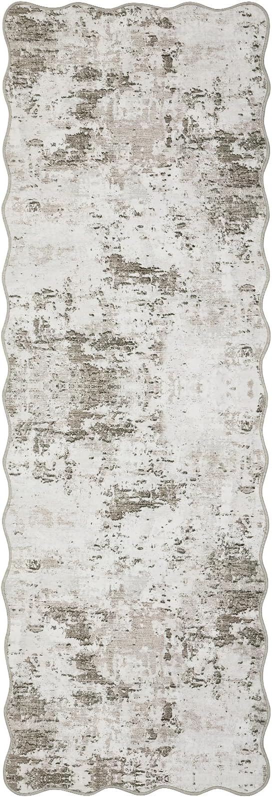 ROYHOME 2x6 Modern Abstract Scalloped Runner Rug Non Slip, Taupe | Soft Stain Resistant Low Pile Machine Washable Non Shed Rug for Hallway Kitchen Bathroom