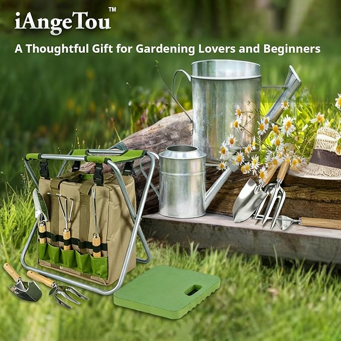 Garden Folding Gardener Stool with Gardening Tools Insulation Garden Bags Plus 5 Garden Tools and Gardening Kneeler Ideal Gift for Mother's Day/Father's Day