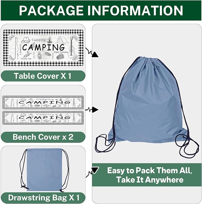 Picnic Table Cover with Bench Covers Elastic Edges, Farm Plaid Fitted Table Cover, Outdoor Patio Camping Essentials 72 Inch 3PCS, Waterproof Camping Fitted Tablecloth with Drawstring Bag