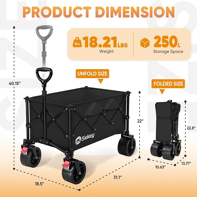 Sekey 250L Wagons Carts Foldable with Big All-Terrian Beach Wheels, Collapsible Heavy Duty Wagon, Extra Large Folding Wagon,Foldable Wagon for Camping, Garden, Sports. Black