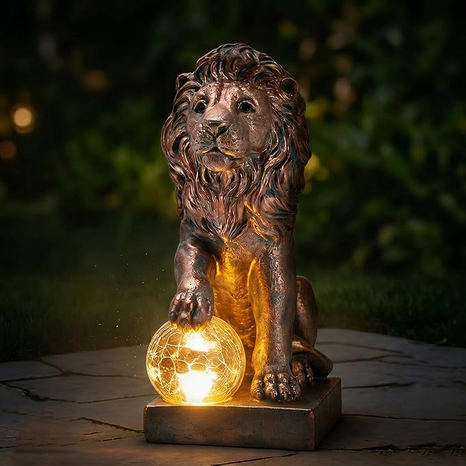 Guardian Lion Outdoor Statues for Garden with Solar Ball (Copper) | 9.45in IP65 Waterproof,Outside Decor, Yard Art Lawn Ornaments, Porch Patio Balcony Home House, Gifts for Mom Grandma Women
