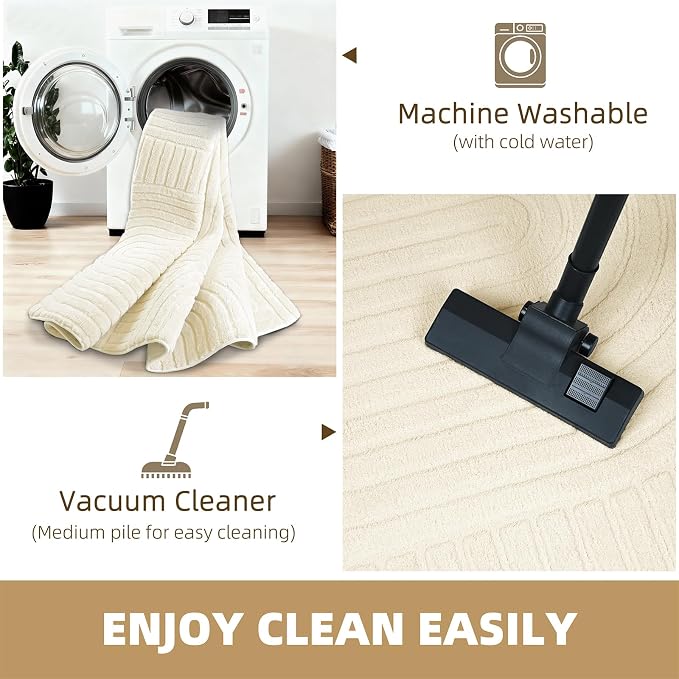 Beige Boho 8x10 Solid Color Area Rugs, Washable Living Room Rug | Ultra Soft Plush High-Low Pile Carpet, Fluffy, Non-Slip, Durable Rugs for Bedroom, Kids Room, Nursery, Apartment, Home Office
