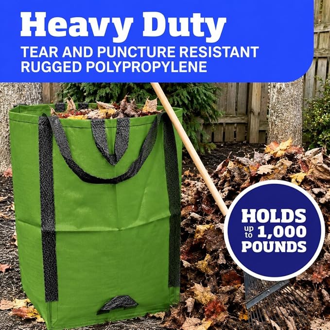 DURASACK Heavy Duty Home and Yard Bags 48-Gallon Reusable Self-Standing Lawn and Leaf Bags Garbage Can with Reinforced Handles, Moss Green, 3 Pack