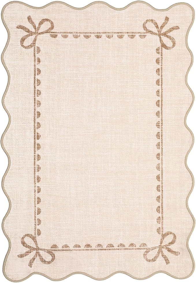 GarveeHome Scalloped Entryway Rug 2x3 Washable Front Door Bow Rug, Beige | Non Slip Soft Low Pile Ultra-Thin Indoor Carpet for Girls Dorm Nursery Bedroom Decor Hallway Kitchen Floor