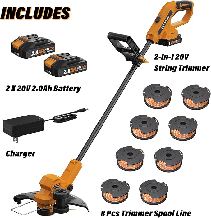 SEYVUM String Trimmer, 20V 12-inch Cordless Weed Trimmer with Auto Line Feed, 2 X 2.0Ah Battery Powered Lawn Edger with 8 Pcs Grass Cutter Spool Line, Orange