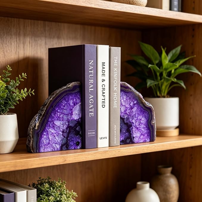 Natural Purple Dyed Agate Geode Bookends - 3 to 4 lb Heavy Duty Rock Crystal Stone Book Ends for Shelves, with Rubber Bumpers, Decorative Book Holders for Home Office