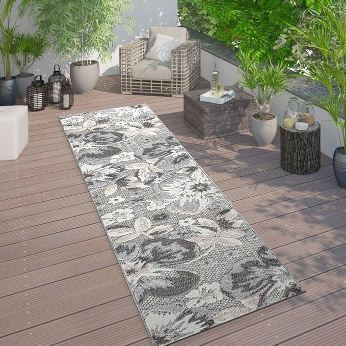 Rugshop Bergamo Contemporary Floral Non-Shedding Easy Cleaning Patio Deck Backyard Indoor/Outdoor Runner Rug 2' 7" X 12' Gray