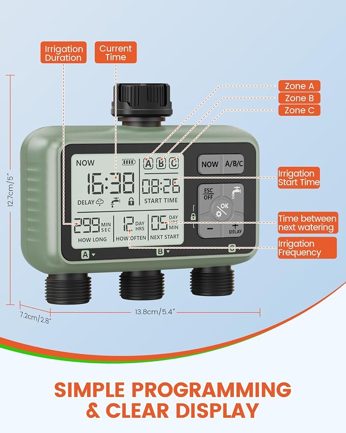Sprinkler Timer 3 Zone Water Timer for Garden Hose Programmable Outdoor Hose Faucet Controller with Rain Delay Manual and Automatic Irrigation Controller System Low Battery Warning for Lawn Yard