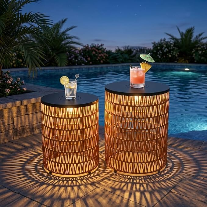 HMVPL Solar Outdoor Side Table for Patio, Round Patio Side Table for Outside, Outdoor End Table Set of 2 with Dimmable Light, Plastic Rattan Accent Table for Poolside Backyard Gazebo, Dusk to Dawn