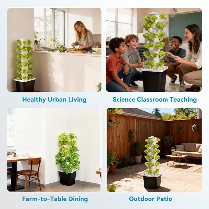 JESLED 6 Tiers Hydroponics Growing System Kits with LED Grow Lights,Tent | Dual Auto Timers Indoor Vertical Hydroponic Tower with Water Tank, Pump and Humidity Cover for Home Kitchen, Class, 30Pods