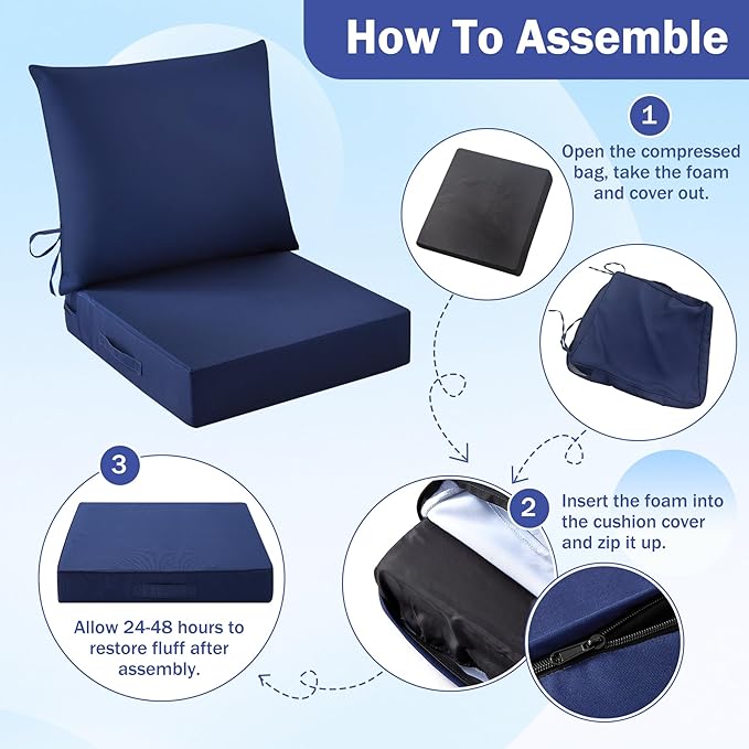 Outdoor Chair Cushions, 24 x 24 Inch Outdoor Cushion for Patio Furniture, Patio Chair Cushion, Waterproof & Fade Resistant Deep Patio Furniture Cushions Set with Handle and Ties, Navy Blue (Set of 6)