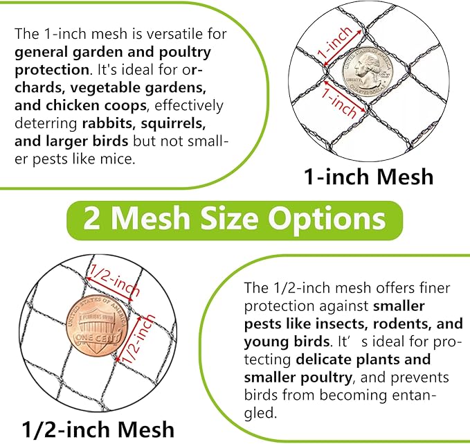 10x10ft Bird Netting, 1/2 inch Mesh, Heavy Duty Garden Netting for Fruit Trees, Blueberry Bushes, Vegetables, Extra Strong Woven Mesh Against Birds, Deer, Squirrels, Poultry and Other Animals