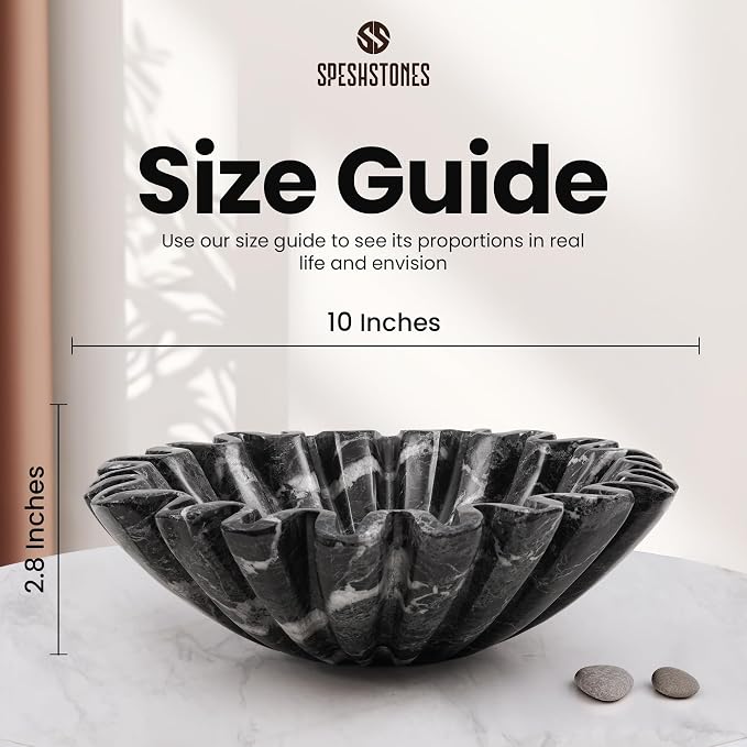 Marble Large Decorative Bowl Handmade 10 Inch Black Ruffle Bowl, Scalloped Bowls for Home Decor, Modern Fruit Bowl for Kitchen Counter, Stone Fluted Bowl for Housewarming Gifts