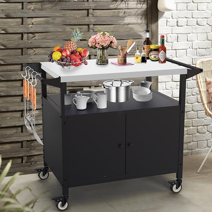 COZEER Outdoor Grill Table with Storage, Movable BBQ Grill Cart, Outdoor Kitchen Prep Station, Rolling Bar Serving Cart with Utensil Hooks, Blackstone Griddle Stand