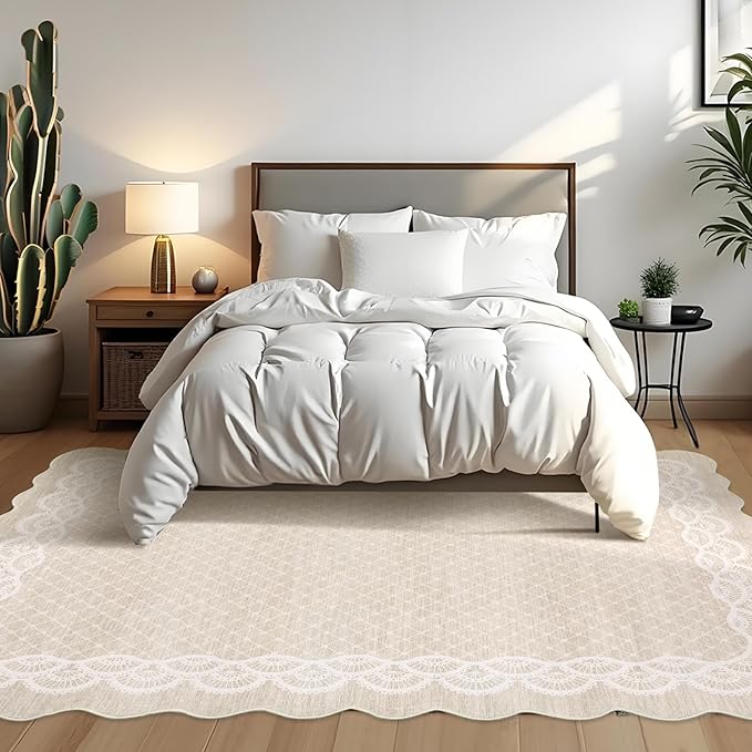 Garvee Washable Scalloped 9x12 Area Rug for Living Room, Lace Beige Rug | Soft Non Slip Rugs for Bedroom, Low Pile Neutral Rug, Stain Resistant Foldable Carpet for Playroom Dorm, Farmhouse Rugs