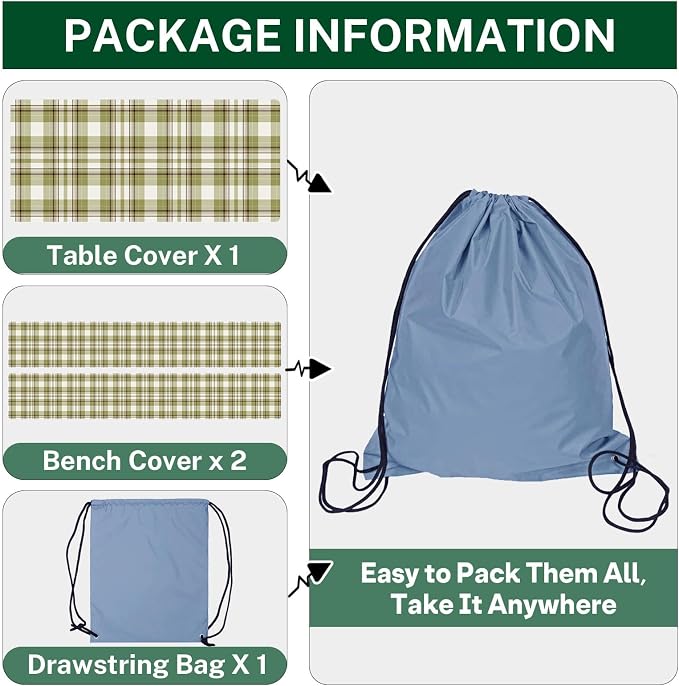 Picnic Table Cover with Bench Covers Elastic Edges, Green Plaid Fitted Table Cover, Outdoor Patio Camping Essentials 72 Inch 3PCS, Waterproof Camping Fitted Tablecloth with Drawstring Bag