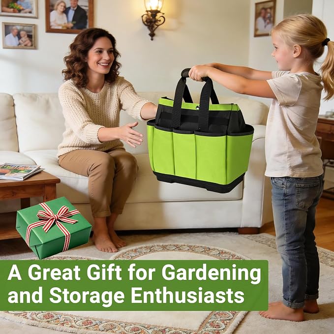 Garden Tool Bag with Waterproof Plastic Base, Heavy Duty Oxford Garden Tote Caddy with 8 Pockets, Standable Home Tool Kits Organizer for women and men (Tools are not included)