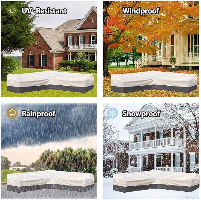 Outdoor Sectional Cover Patio Furniture Covers Waterproof Rip-Stop Anti-UV 600D Heavy Duty Couch Sofa Cover with 3 Air Vent (Beige & Charcoal, L-Shaped-90''X120'')