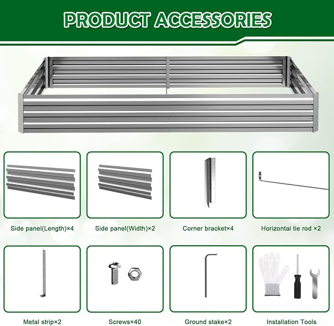 8x4x1FT Galvanized Raised Garden Bed Outdoor Patio, Large Rectangular Metal Planter Boxes,Plant Container Kit for Gardening, Vegetables, Flowers, Herbs,Silver,1 Pack
