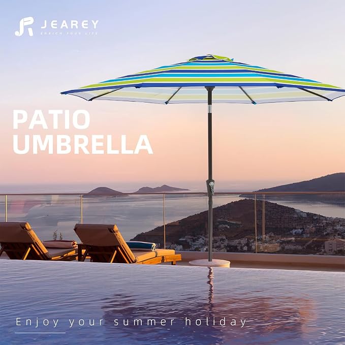 JEAREY 9FT Outdoor Patio Umbrella Outdoor Table Umbrella with Push Button Tilt and Crank, Market Umbrella 8 Sturdy Ribs UV Protection Waterproof for Garden, Deck, Backyard, Pool (Blue-Green Stripe)