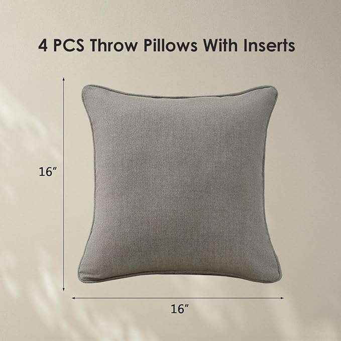 Unimatta Sunbrella Decorative Outdoor Water Repellent Throw Pillows with Inserts, Set of 4, 16" x16" Pillows for Patio, Backyard, Bed, Couch, and Patio Furniture, Cast Shale