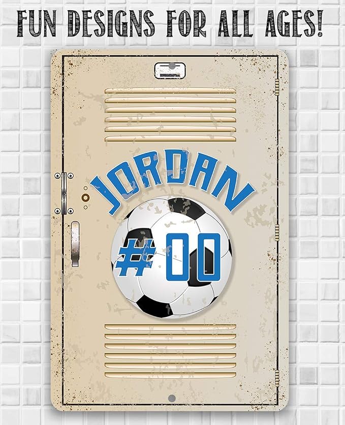 Personalized Soccer School Locker - Great Boy's Room Metal Tin Sign, High School Gym Teens Accessories, School Sports Customized Gift Idea, 8x12 or 12x18 Indoor or Outdoor Durable Metal Sign