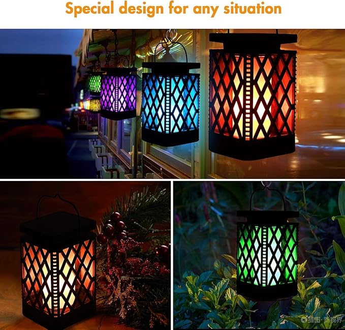 Solar Lanterns-Sunklly Hanging Solar Lights Color Changing & Fixed 9 Modes Waterproof Hanging Lanterns Outdoor Lights Flickering Flame Camping Lanterns Decoration for Garden Patio Pathway(2 Pack)