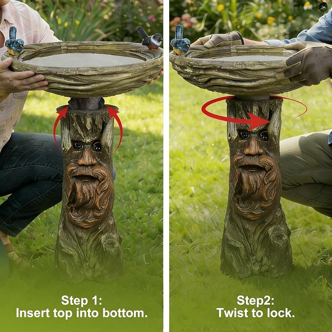 SKYFIRE 24” Tall Outdoor Tree Face Bird Bath -Whimsical Tree Man Pedestal Birdbath Bowl with Bird Figurines for Patio, Lawn, Backyard, Outdoor Decor -19”Dia. Garden Decor Statue Birdbaths for Birds