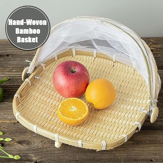 Mwellewm Food Bamboo Food Serving Tent Basket Hand-Woven Basket Serving Dustproof Picnic Basket Vegetable Fruits Bread Home Square Storage Basket with Mesh Gauze Cover Container