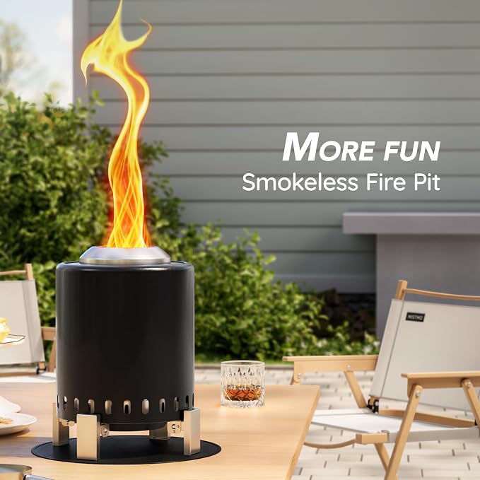 Mini Smokeless 7 Inch Tabletop Fire Pit with Pan Stand and Insulation Mat, Portable Stainless Steel Fire Pit for Camping, Patio Tabletop Firepit, Burns Wood or Pellets, Travel Bag Included, Black