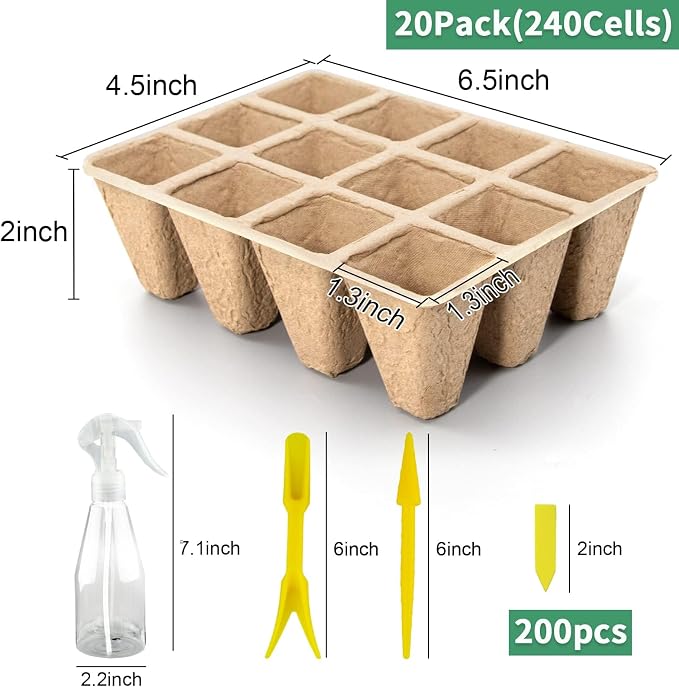 240 Cells Seed Starter Tray, 20 Pack Seed Starter Kit for Planting Seeds, Biodegradable Peat Pots, Value Germination Kit with 200 Plant Labels, 2 Transplanting Tools, 1 Spray Bottle