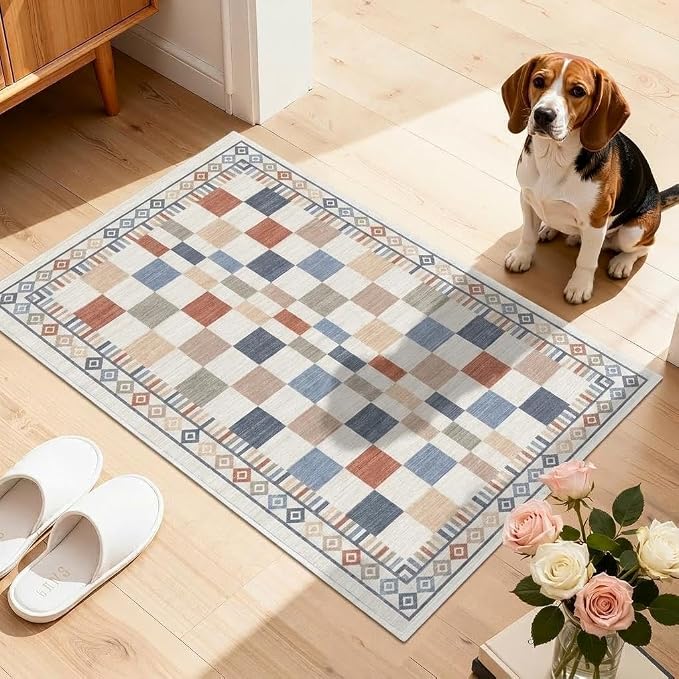 GarveeHome 2x3 Small Rug for Bathroom Machine Washable Modern Checkered | Contemporary Colorful Abstract Carpets for Kitchen Low Pile Non-Slip Doormat Soft Premium Area Rug for Hallway Bedroom