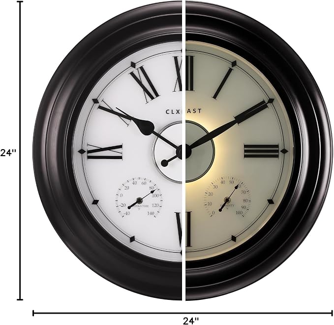 CLXEAST Illuminated Outdoor Indoor Metal Clocks Waterproof 24 inch, Oil Rubbed Bronze Black,Oversized Large Outdoor Roman Numeral Wall Clock with Thermometer & Hygrometer