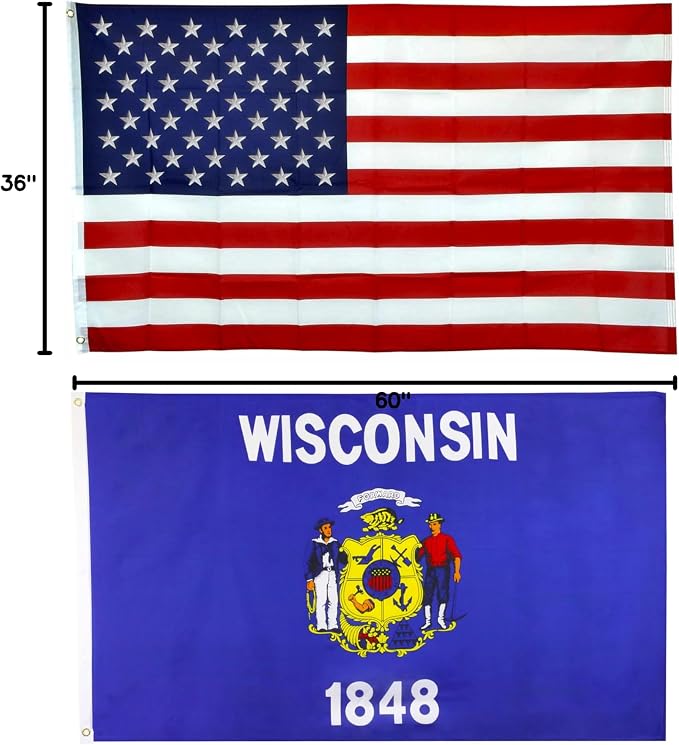 Shop72 American Flags for Outside, Set of Wisconsin State with 3x5 American Flag, For Outdoor and Indoor, Allegiance to USA, This Garden Banner Made Heavy Duty, Bandera De Estados Unidos