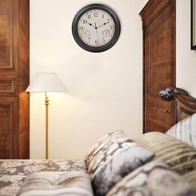 12 Inch Indoor Outdoor Retro Waterproof Wall Clock with Thermometer and Hygrometer, Battery Operated Quartz Round Wall Clock Silent Non Ticking Home Decor,Bronze